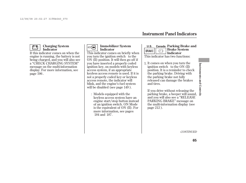 Instrument panel indicators | Acura 2014 TL - Owner's Manual User Manual | Page 71 / 653