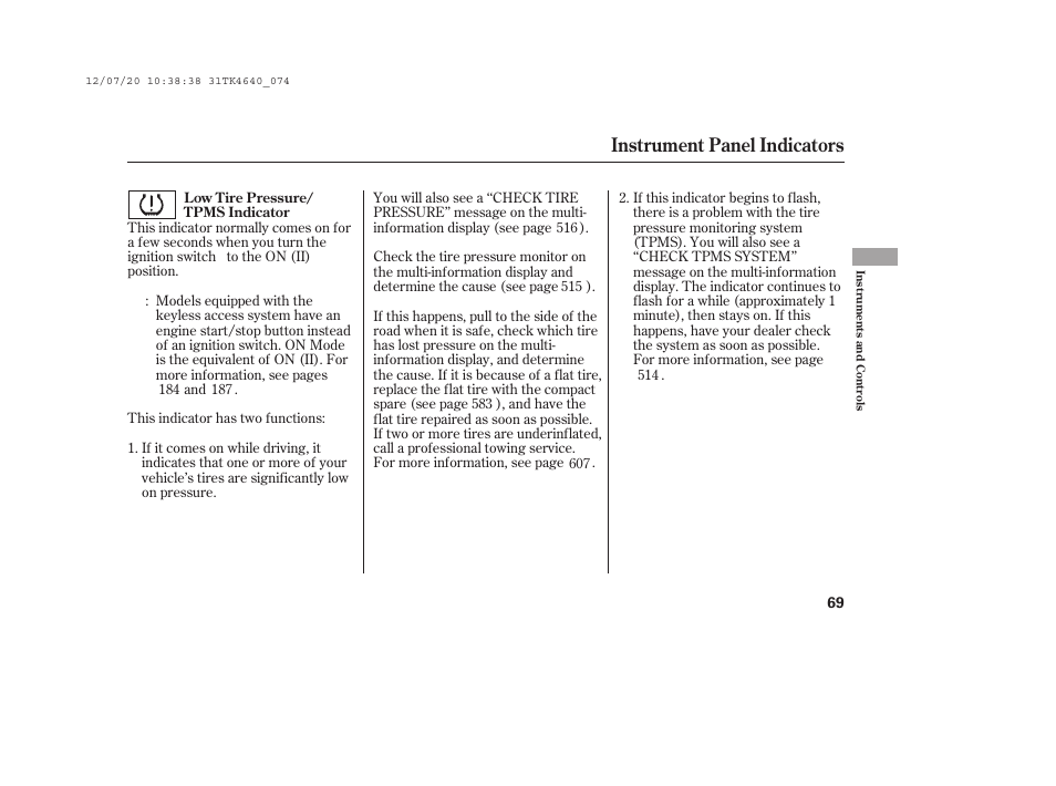 Instrument panel indicators | Acura 2014 TL - Owner's Manual User Manual | Page 75 / 653