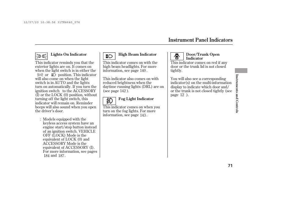 Instrument panel indicators | Acura 2014 TL - Owner's Manual User Manual | Page 77 / 653