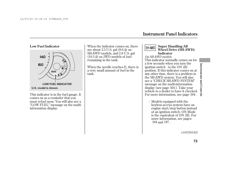 Instrument panel indicators | Acura 2014 TL - Owner's Manual User Manual | Page 79 / 653