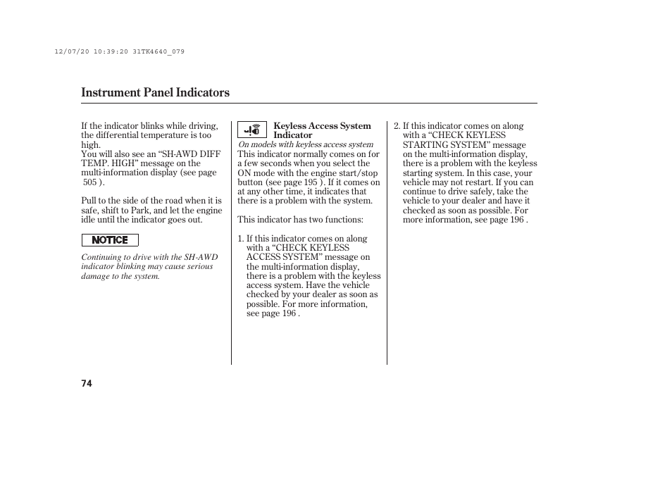 Instrument panel indicators | Acura 2014 TL - Owner's Manual User Manual | Page 80 / 653
