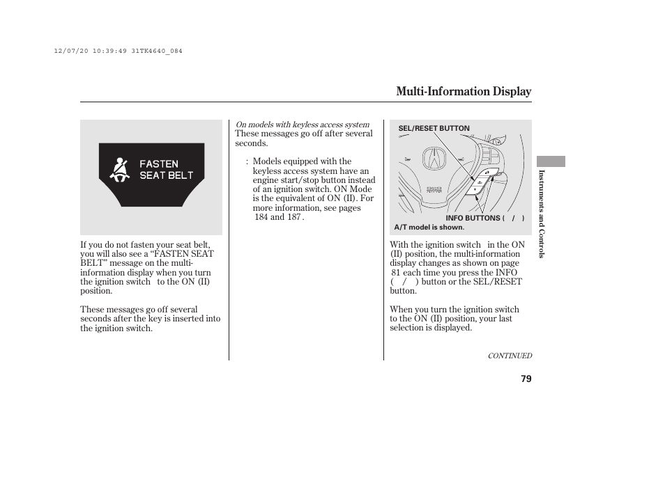 Multi-information display | Acura 2014 TL - Owner's Manual User Manual | Page 85 / 653