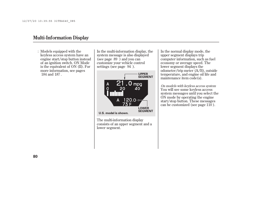 Multi-information display | Acura 2014 TL - Owner's Manual User Manual | Page 86 / 653