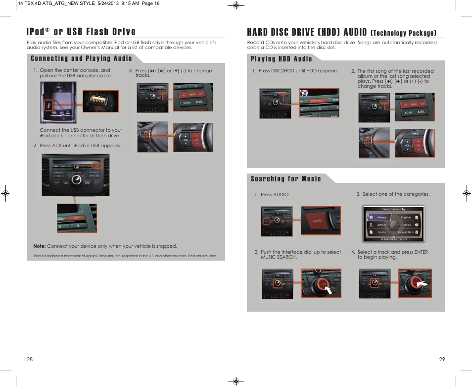 P. 28, Hard disc drive (hdd) audio, Ipod® or usb flash drive | Technology package) | Acura 2014 TSX - Advanced Technology Guide User Manual | Page 16 / 18