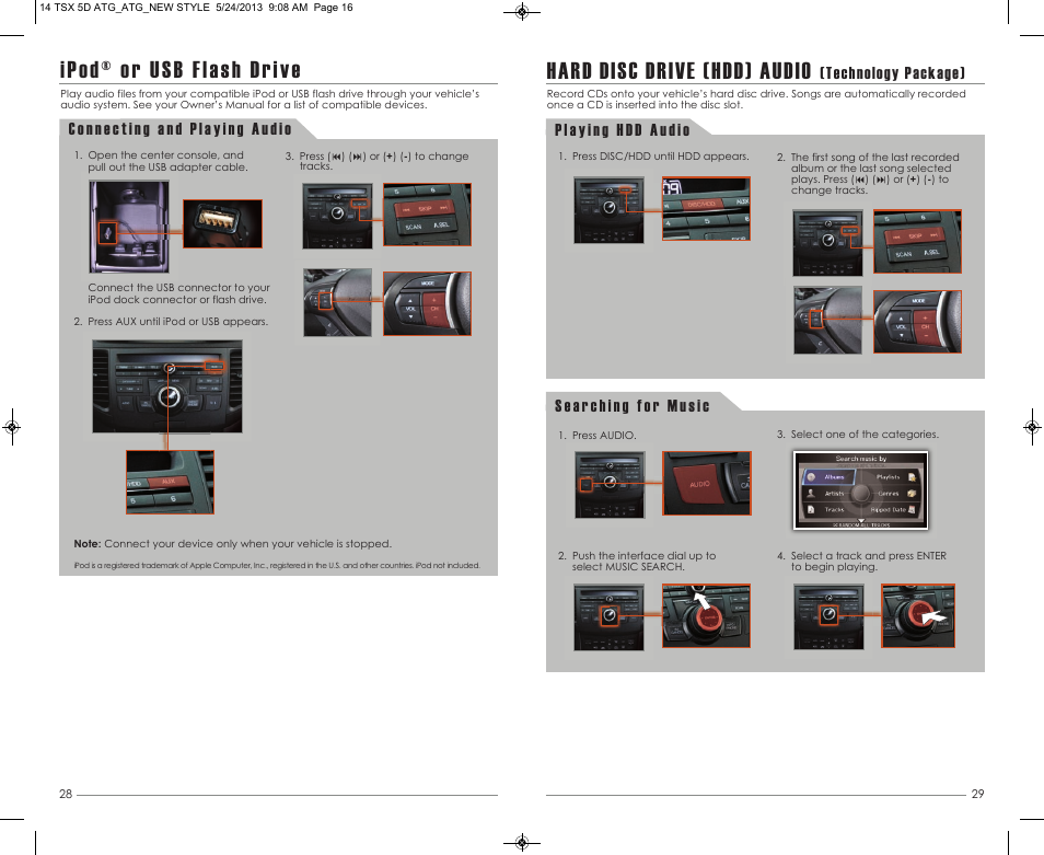P. 28, Hard disc drive (hdd) audio, Ipod® or usb flash drive | Technology package) | Acura 2014 TSX Sport Wagon - Advanced Technology Guide User Manual | Page 16 / 19