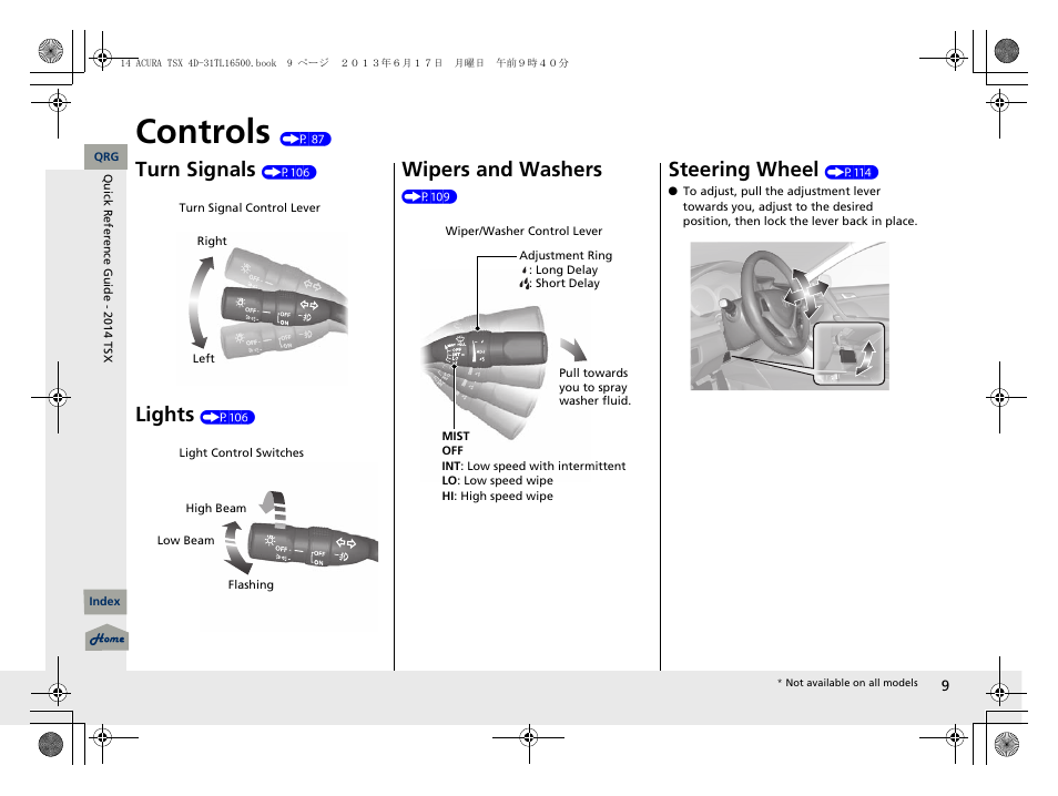 Controls (p 87), Controls, Turn signals | Lights, Wipers and washers, Steering wheel | Acura 2014 TSX - Owner's Manual User Manual | Page 10 / 329