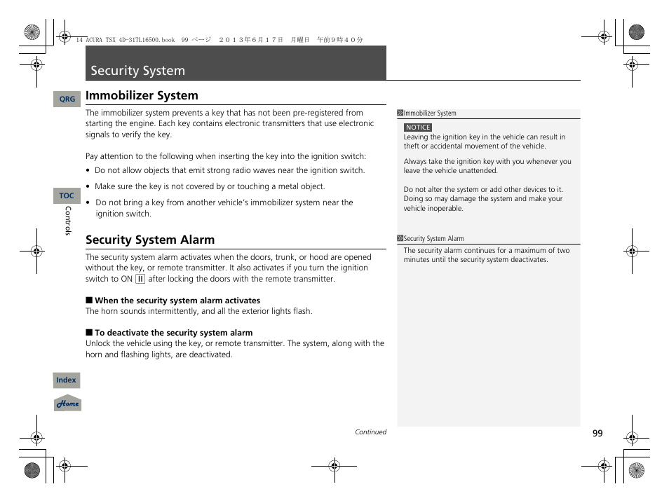 Security system, Immobilizer system, Security system alarm | Ity system, P. 99 | Acura 2014 TSX - Owner's Manual User Manual | Page 100 / 329