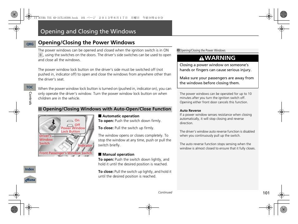 Opening and closing the windows, Opening/closing the power windows, S p. 101 | P101), Warning | Acura 2014 TSX - Owner's Manual User Manual | Page 102 / 329