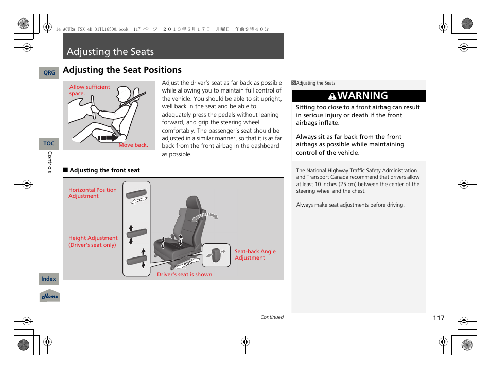 Adjusting the seats, Adjusting the seat positions, P. 117 | P117), 2 adjusting the seats p. 117, Warning | Acura 2014 TSX - Owner's Manual User Manual | Page 118 / 329