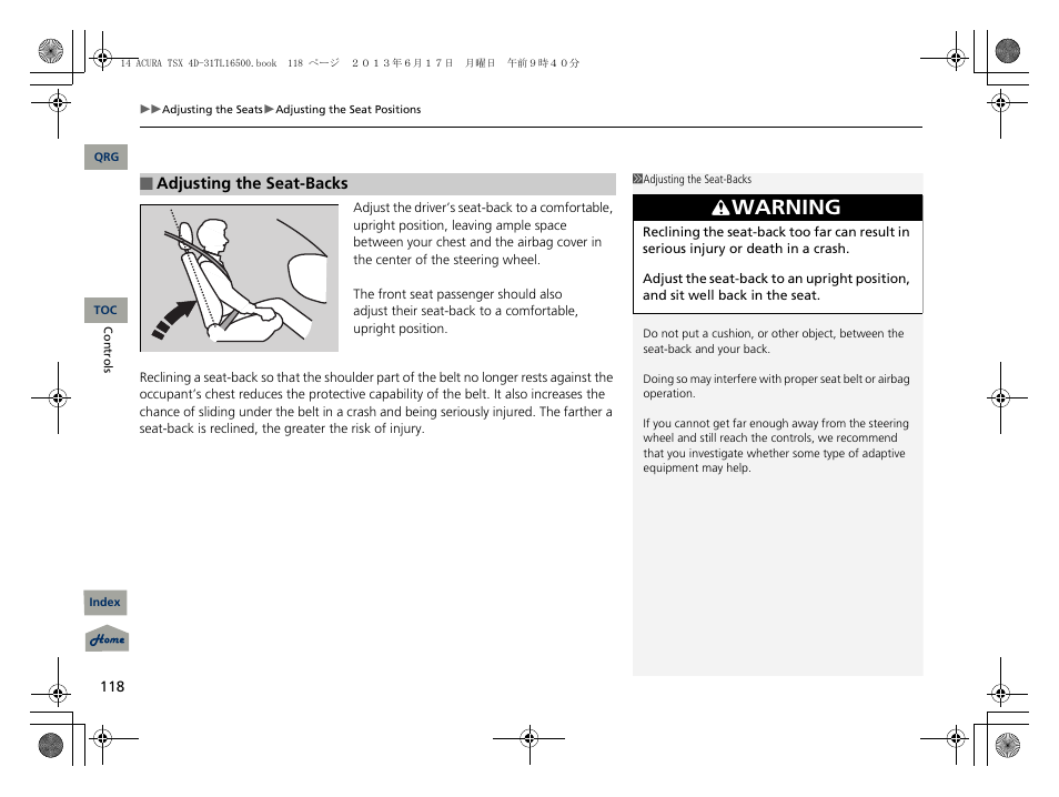 Warning | Acura 2014 TSX - Owner's Manual User Manual | Page 119 / 329