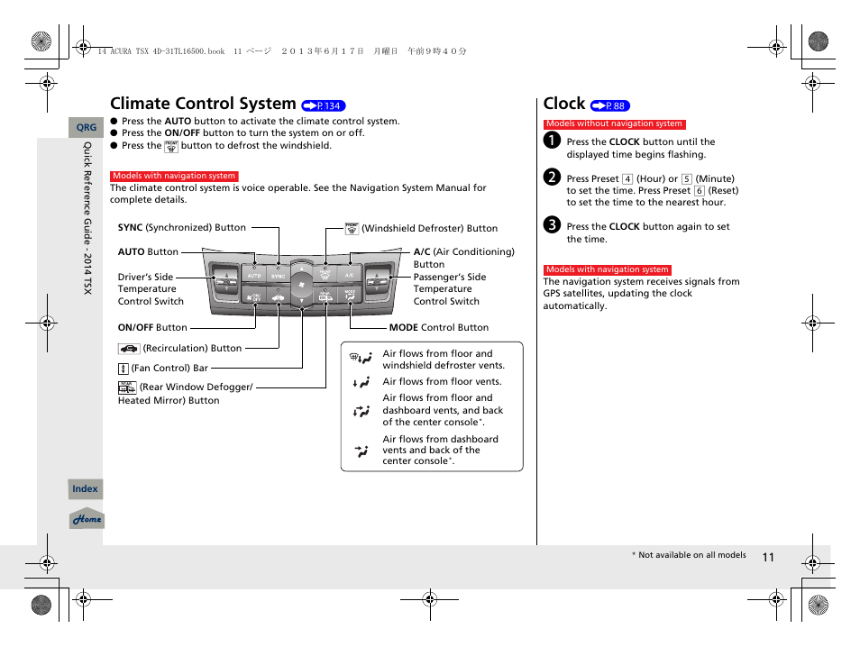 Climate control system, Clock | Acura 2014 TSX - Owner's Manual User Manual | Page 12 / 329