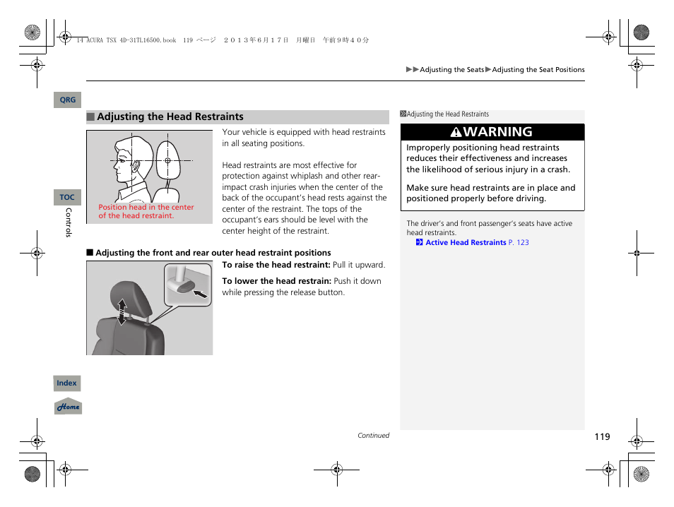 2 adjusting the head restraints p. 119, Warning | Acura 2014 TSX - Owner's Manual User Manual | Page 120 / 329