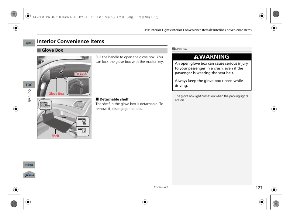 Interior convenience items, P127), Warning | Acura 2014 TSX - Owner's Manual User Manual | Page 128 / 329