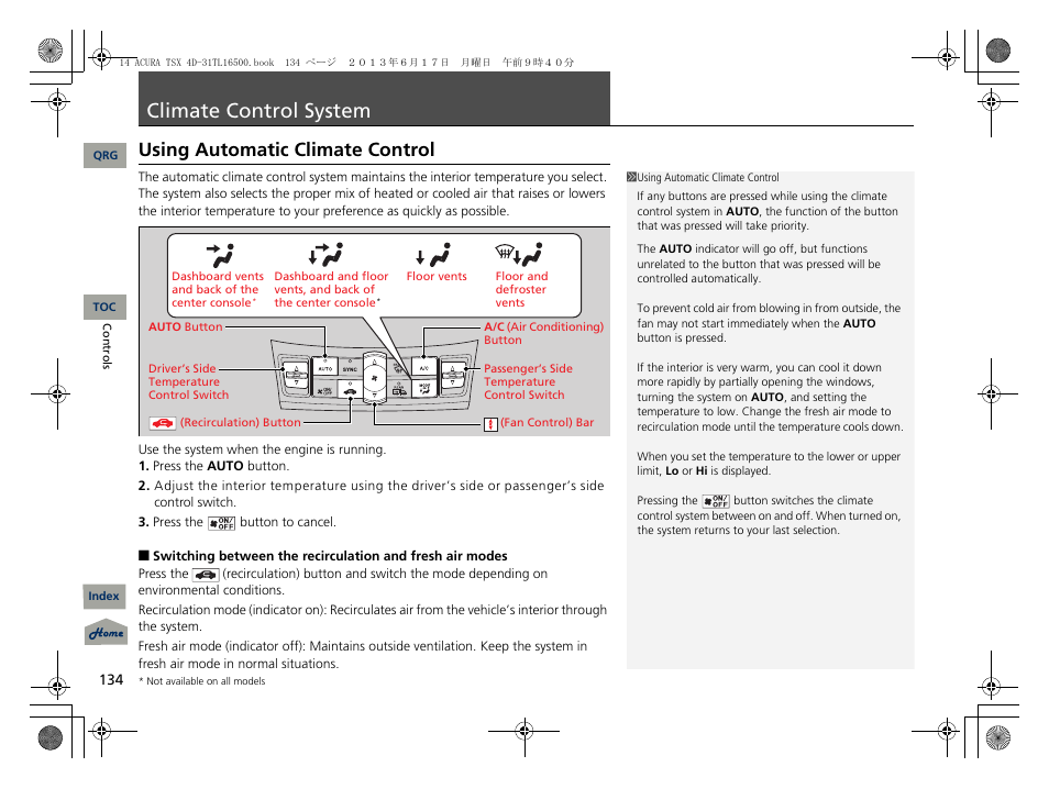 Climate control system, Using automatic climate control, P. 134 | P134) | Acura 2014 TSX - Owner's Manual User Manual | Page 135 / 329