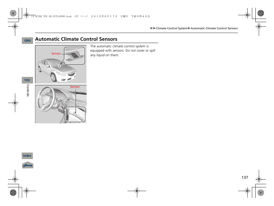 Automatic climate control sensors | Acura 2014 TSX - Owner's Manual User Manual | Page 138 / 329