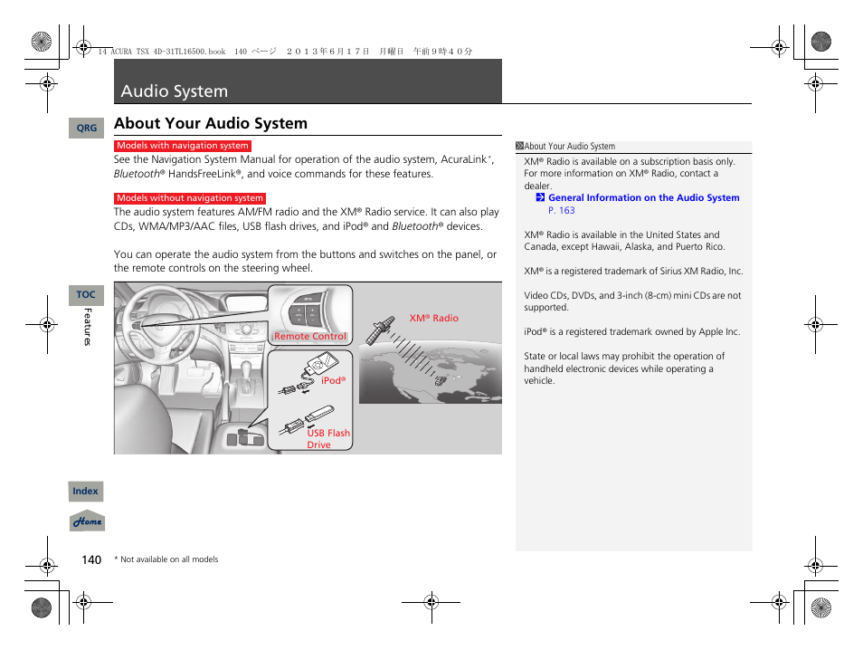 Audio system, About your audio system, P. 140 | P140) | Acura 2014 TSX - Owner's Manual User Manual | Page 141 / 329