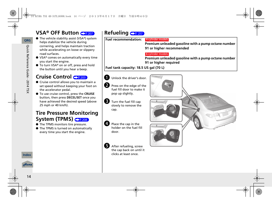 Vsa® off button, Cruise control, Tire pressure monitoring system (tpm s) | Refueling | Acura 2014 TSX - Owner's Manual User Manual | Page 15 / 329