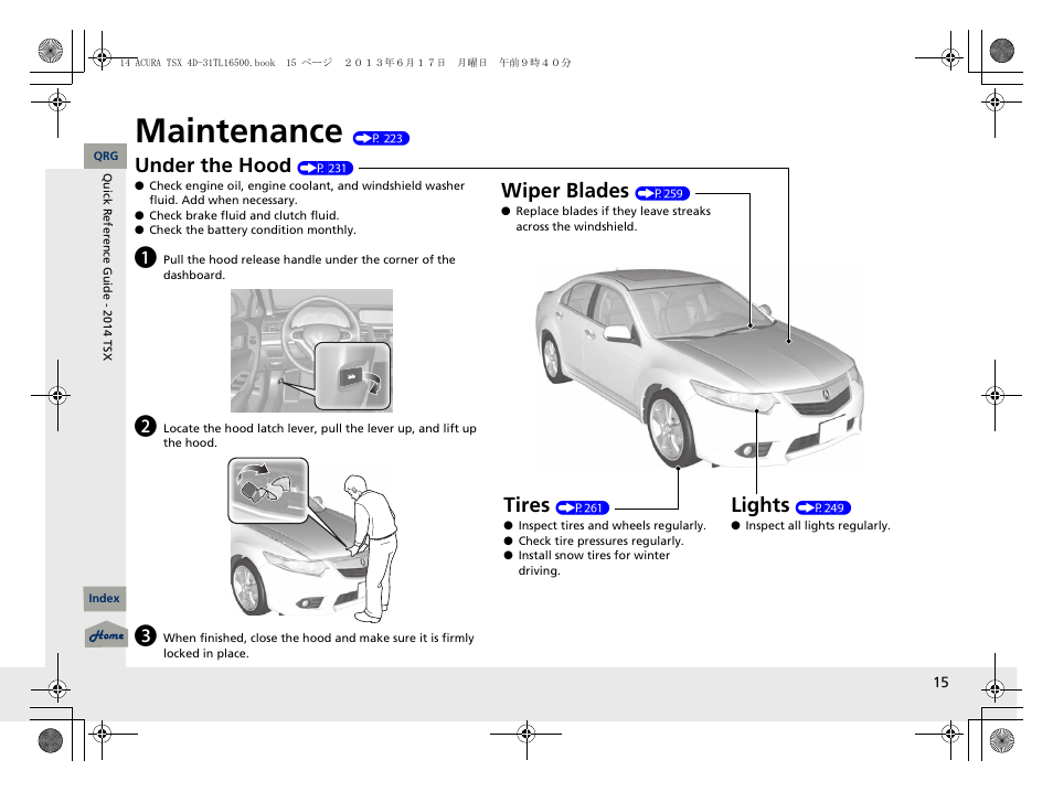 Maintenance (p 223), Maintenance, Under the hood | Lights, Wiper blades, Tires | Acura 2014 TSX - Owner's Manual User Manual | Page 16 / 329