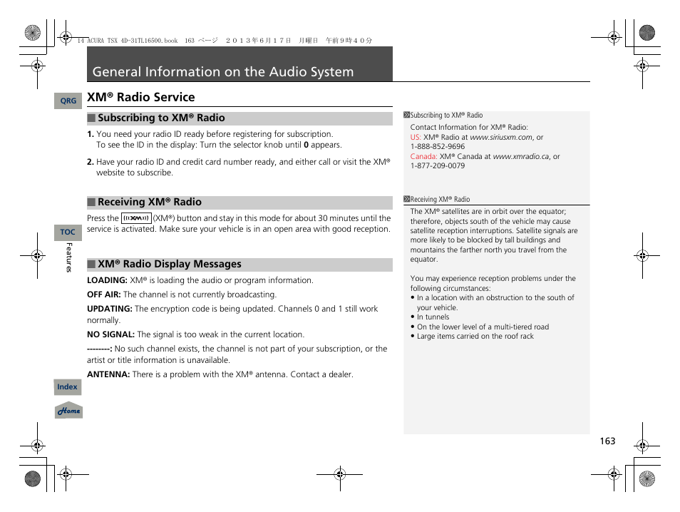 General information on the audio system, Xm® radio service, P. 163 | General information on the audio, System | Acura 2014 TSX - Owner's Manual User Manual | Page 164 / 329