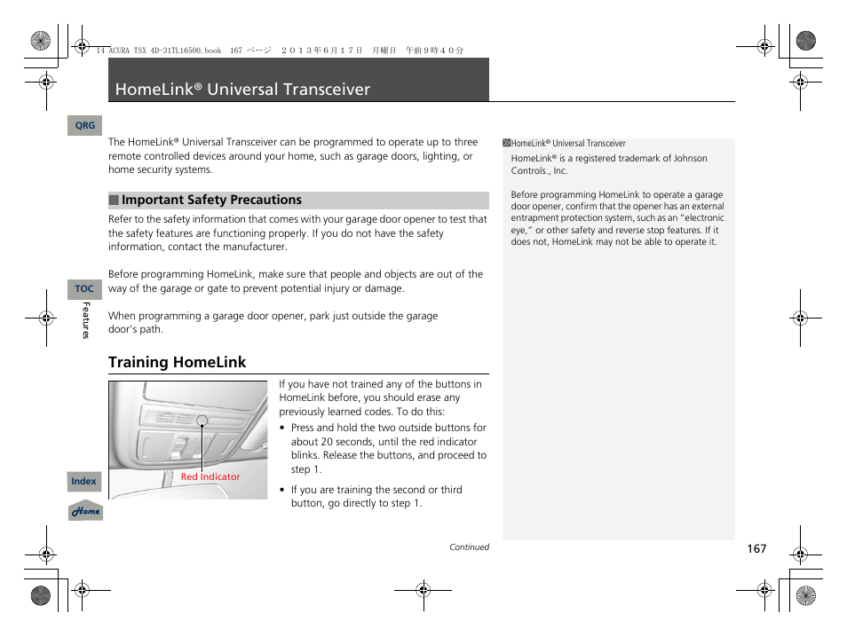 Homelink® universal transceiver, Training homelink, P. 167 | P167) | Acura 2014 TSX - Owner's Manual User Manual | Page 168 / 329