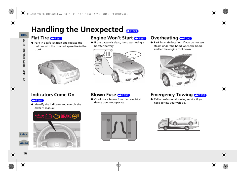 Handling the unexpected (p 279), Handling the unexpected, Flat tire | Indicators come on, Engine won’t start, Blown fuse, Overheating, Emergency towing | Acura 2014 TSX - Owner's Manual User Manual | Page 17 / 329