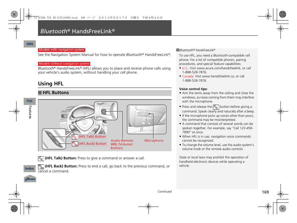 Bluetooth® handsfreelink, Using hfl, P. 169 | P169), 2 bluetooth ® handsfreelink® p. 169, Bluetooth ® handsfreelink | Acura 2014 TSX - Owner's Manual User Manual | Page 170 / 329