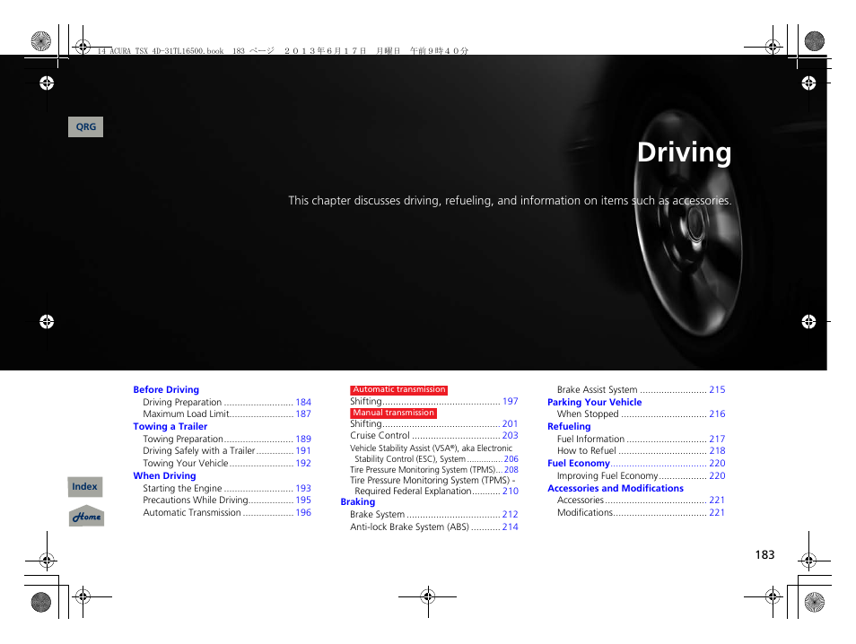 Driving, 2 driving p. 183, P. 183 | P183) | Acura 2014 TSX - Owner's Manual User Manual | Page 184 / 329
