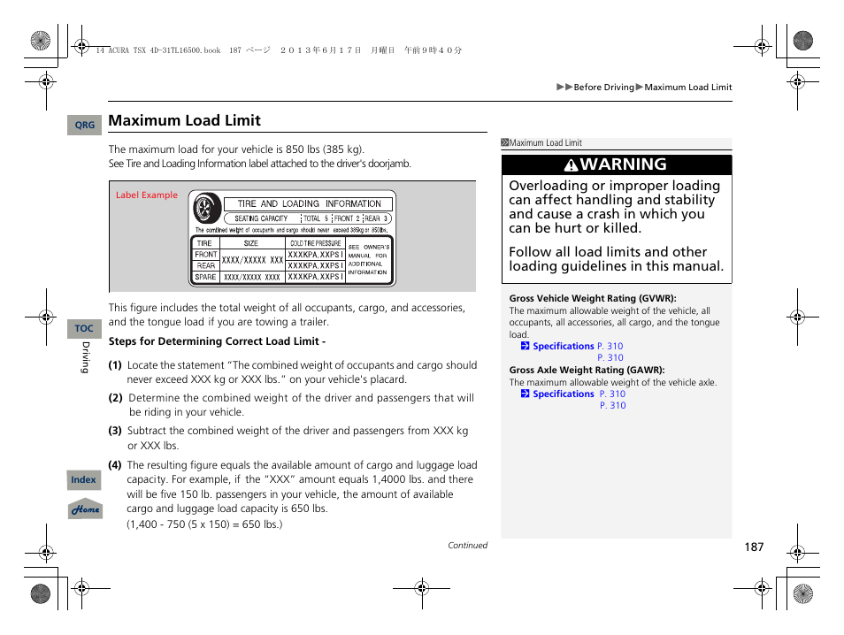 Maximum load limit, 2 maximum load limit p. 187, Warning | Acura 2014 TSX - Owner's Manual User Manual | Page 188 / 329