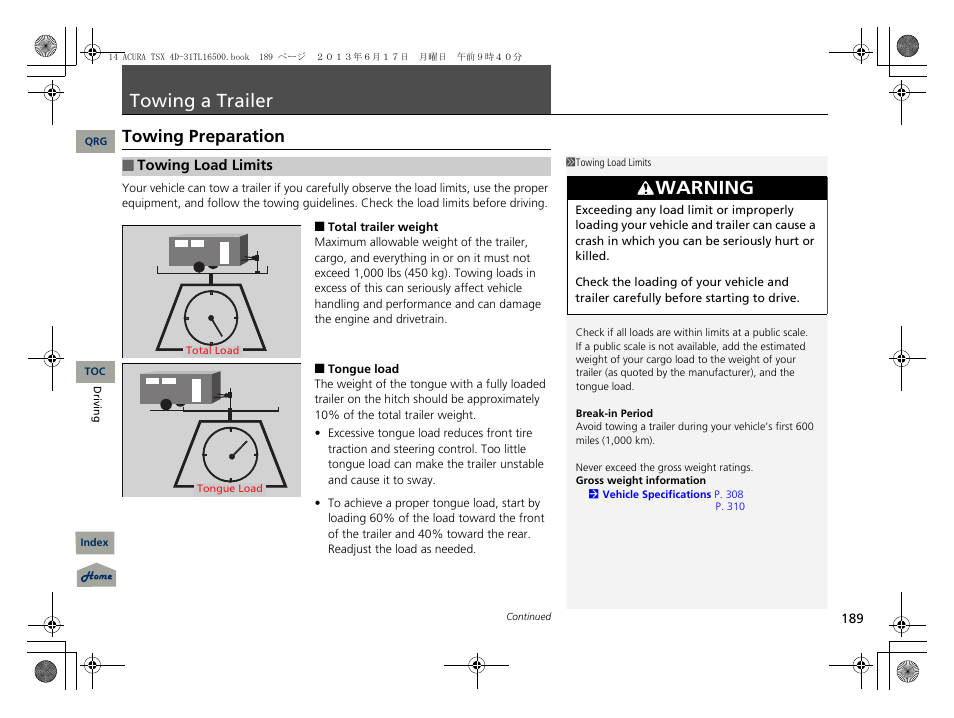 Towing a trailer, Towing preparation, Trailer | P. 189, Warning | Acura 2014 TSX - Owner's Manual User Manual | Page 190 / 329