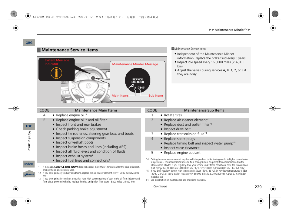 2 maintenance service items p. 229, Maintenance service items | Acura 2014 TSX - Owner's Manual User Manual | Page 230 / 329