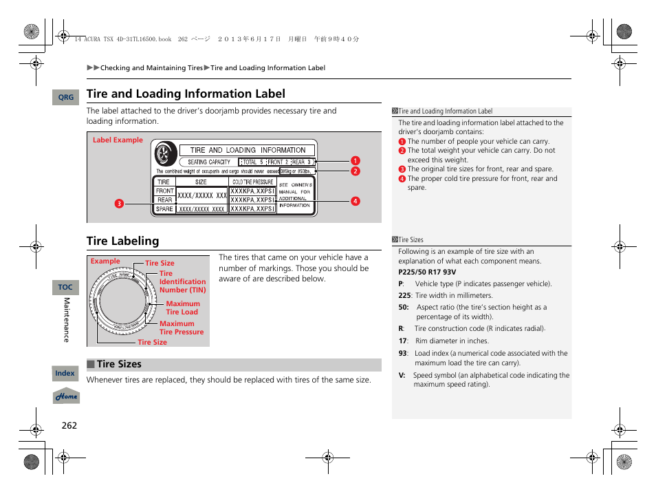 Tire and loading information label, Tire labeling, Tire sizes | Acura 2014 TSX - Owner's Manual User Manual | Page 263 / 329
