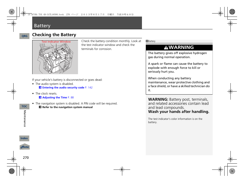 Battery, Checking the battery, P. 270 | Warning | Acura 2014 TSX - Owner's Manual User Manual | Page 271 / 329