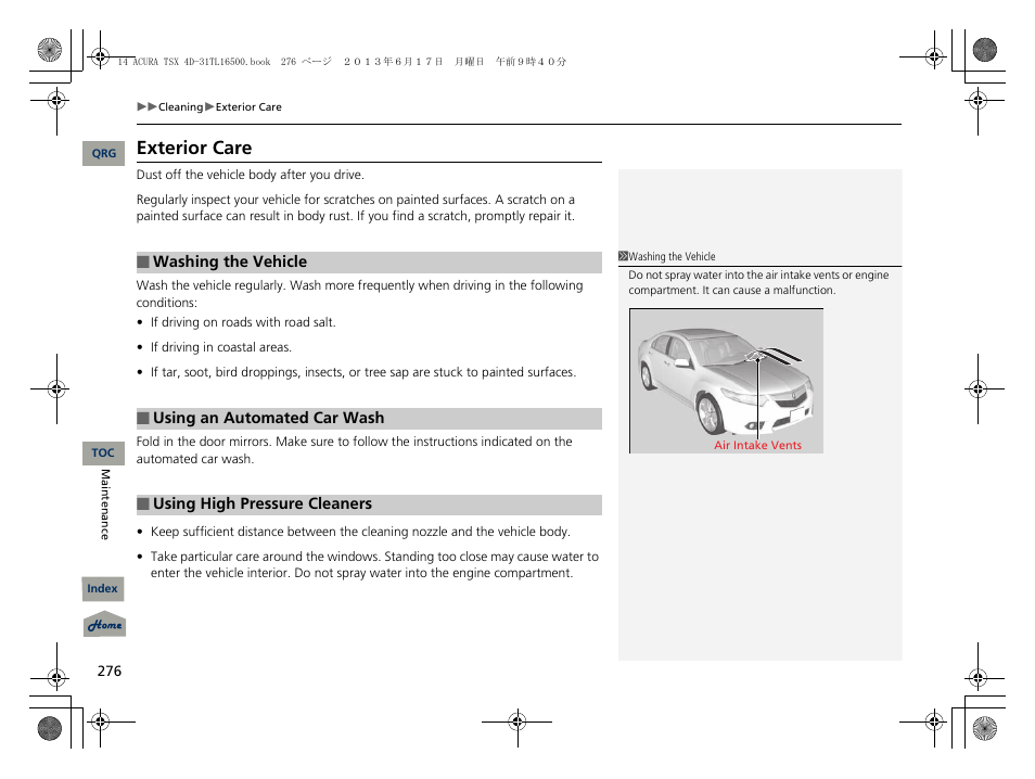 Exterior care | Acura 2014 TSX - Owner's Manual User Manual | Page 277 / 329