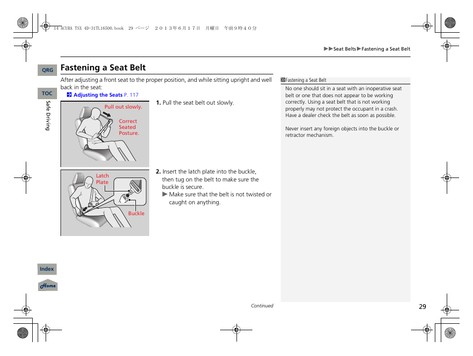 Fastening a seat belt, 2 fastening a seat belt p. 29 | Acura 2014 TSX - Owner's Manual User Manual | Page 30 / 329