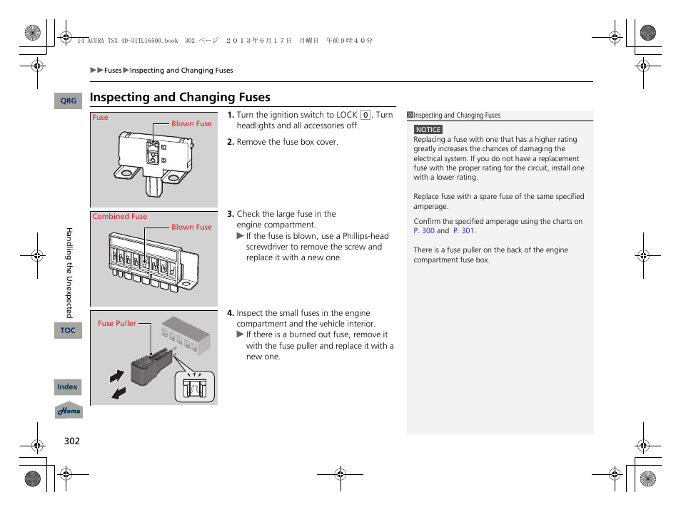Inspecting and changing fuses, 2 inspecting and changing fuses p. 302 | Acura 2014 TSX - Owner's Manual User Manual | Page 303 / 329