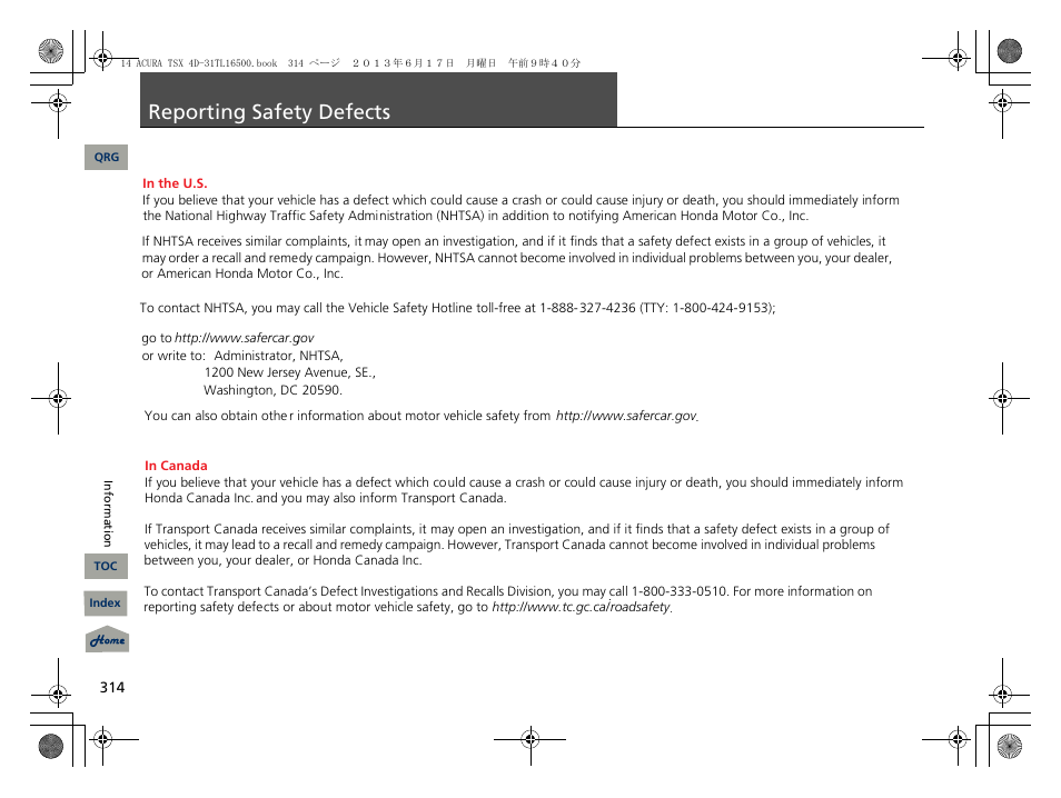 Reporting safety defects, P. 314 | Acura 2014 TSX - Owner's Manual User Manual | Page 315 / 329