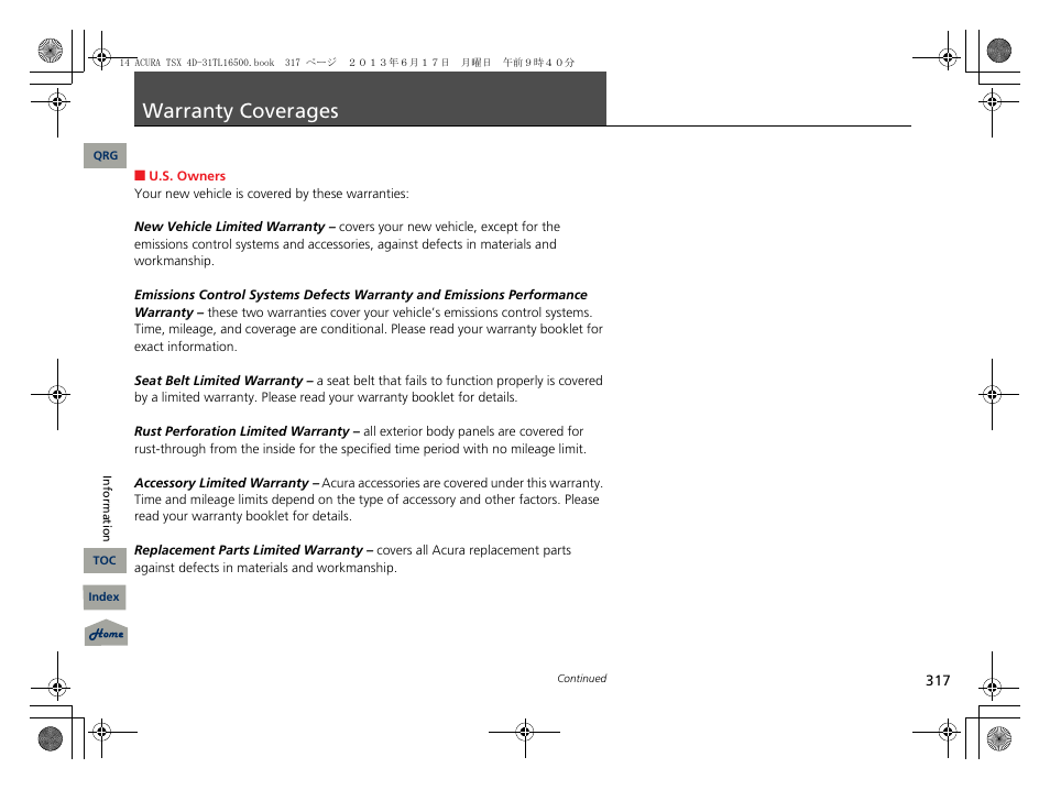 Warranty coverages, P. 317 | Acura 2014 TSX - Owner's Manual User Manual | Page 318 / 329