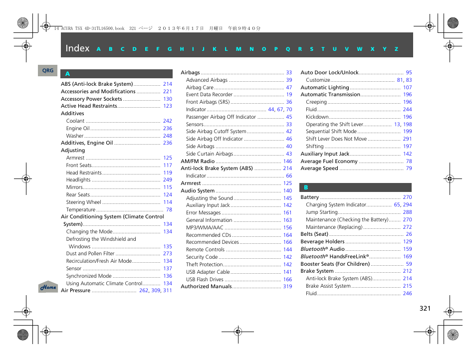 Index, A - b, P. 321 | Index a | Acura 2014 TSX - Owner's Manual User Manual | Page 322 / 329