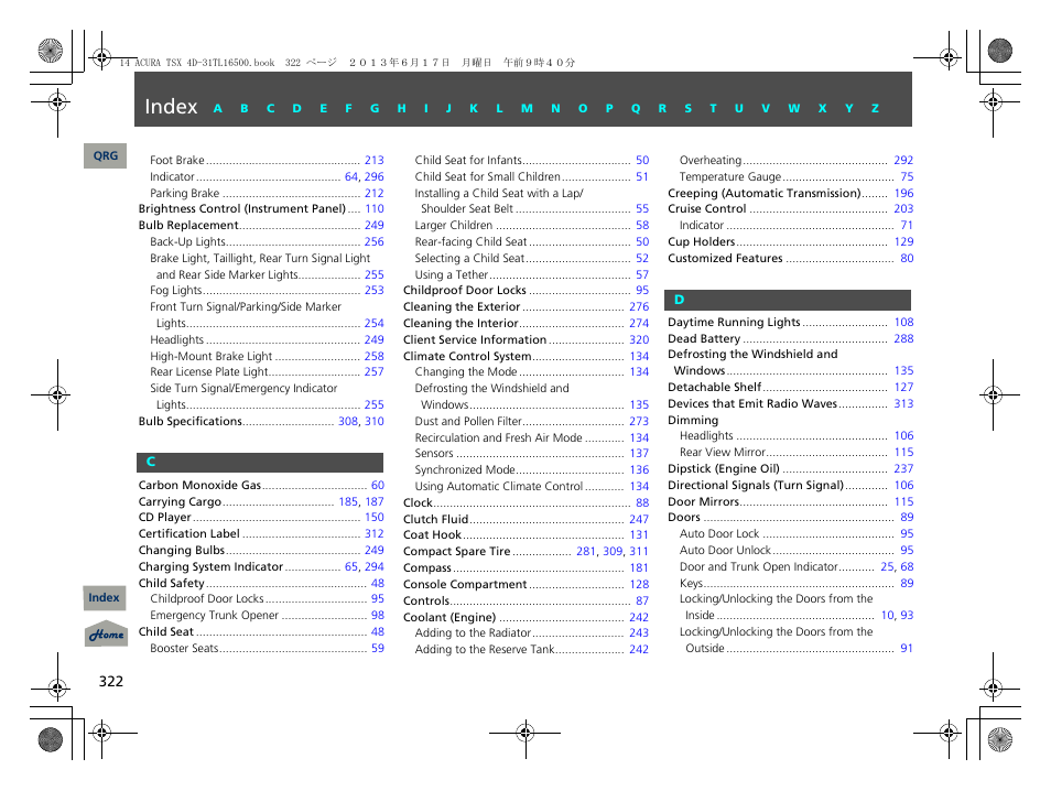 C - d, Index | Acura 2014 TSX - Owner's Manual User Manual | Page 323 / 329