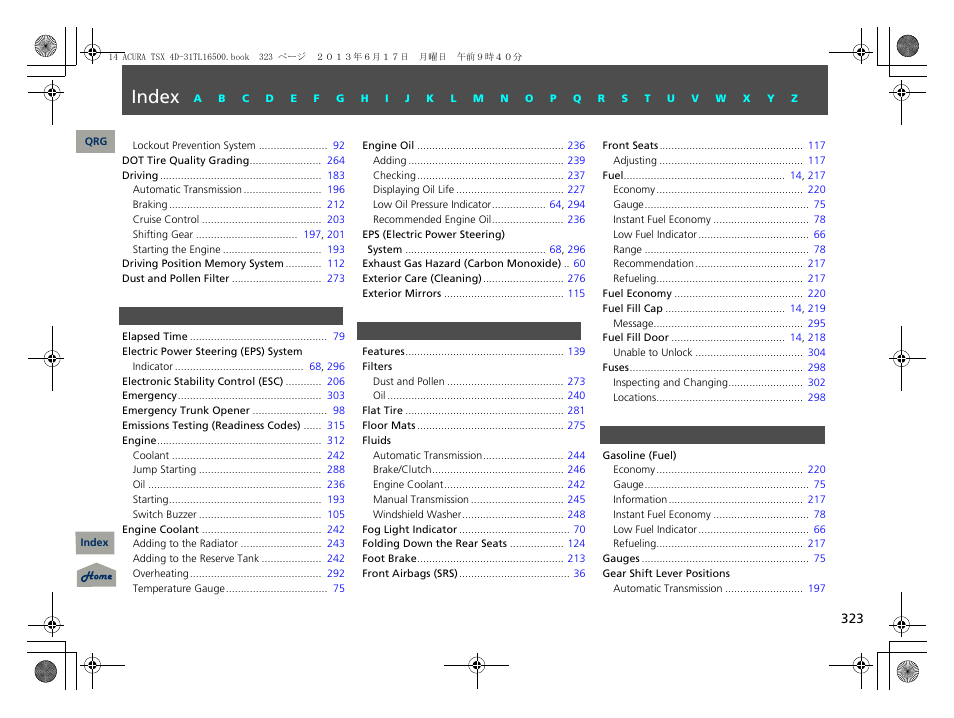 E - g, Index | Acura 2014 TSX - Owner's Manual User Manual | Page 324 / 329