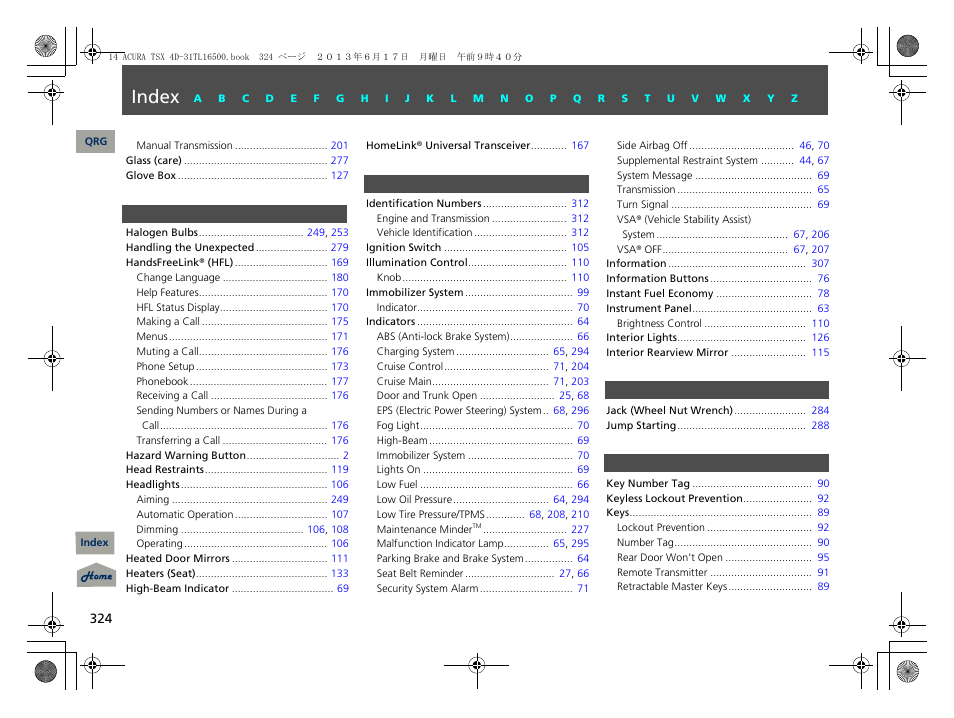 H - k, Index | Acura 2014 TSX - Owner's Manual User Manual | Page 325 / 329