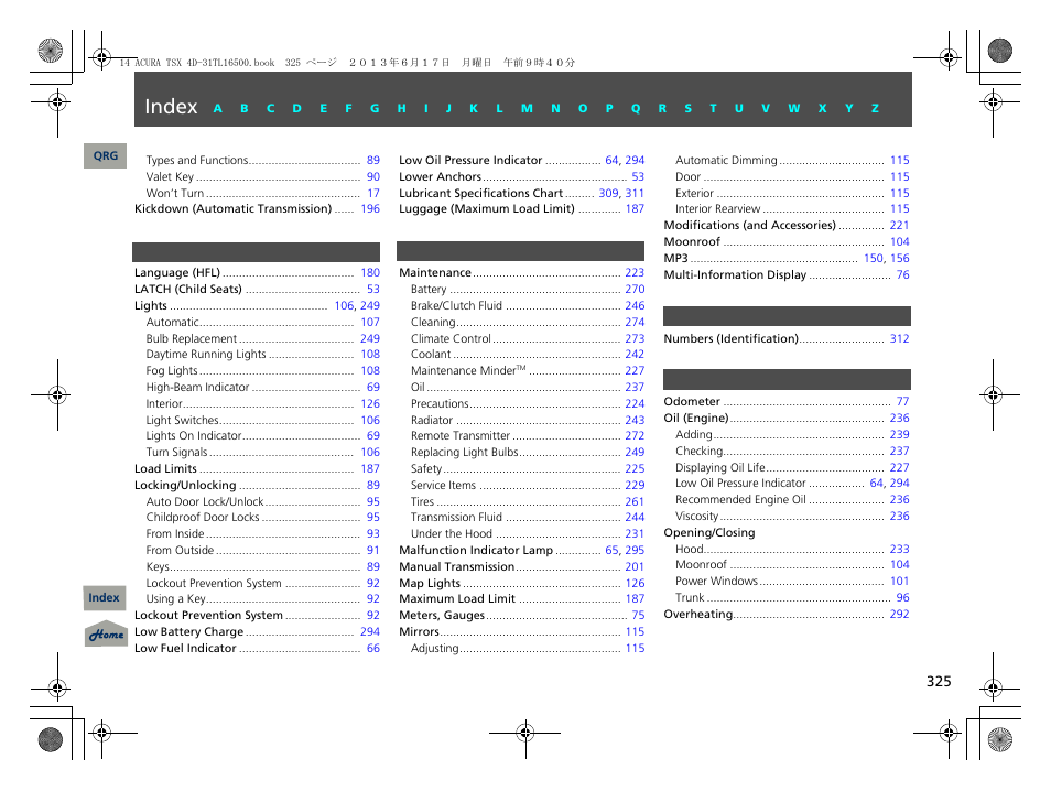 L - o, Index | Acura 2014 TSX - Owner's Manual User Manual | Page 326 / 329