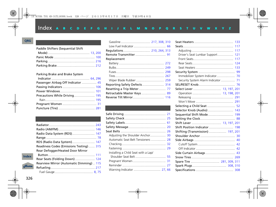 P - s, Index | Acura 2014 TSX - Owner's Manual User Manual | Page 327 / 329