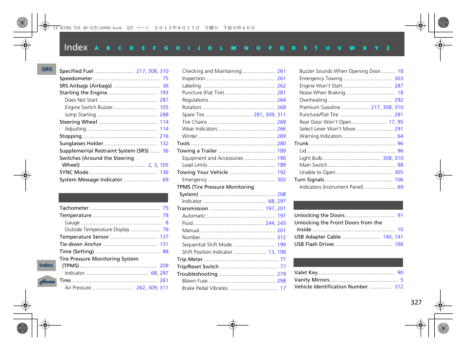 T - v, Index | Acura 2014 TSX - Owner's Manual User Manual | Page 328 / 329