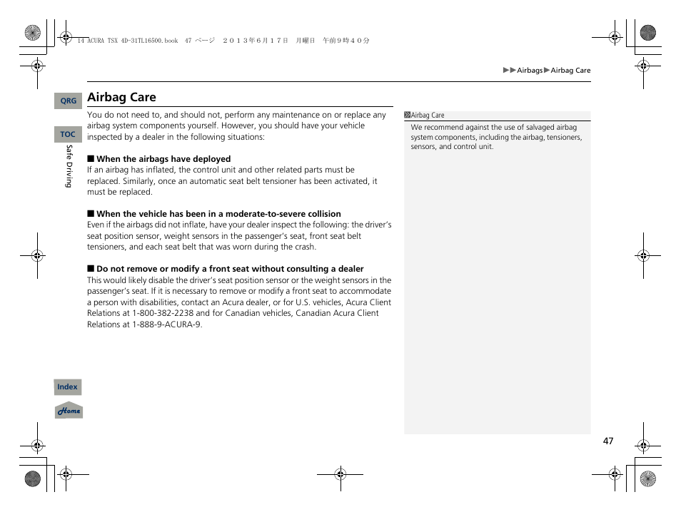 Airbag care | Acura 2014 TSX - Owner's Manual User Manual | Page 48 / 329