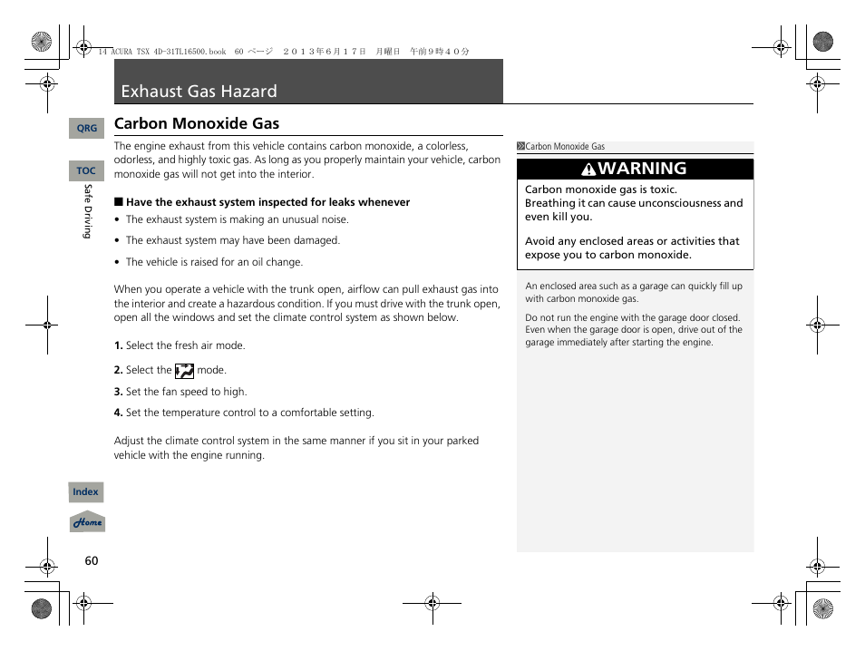 Exhaust gas hazard, Carbon monoxide gas, P. 60 | P60), Warning | Acura 2014 TSX - Owner's Manual User Manual | Page 61 / 329