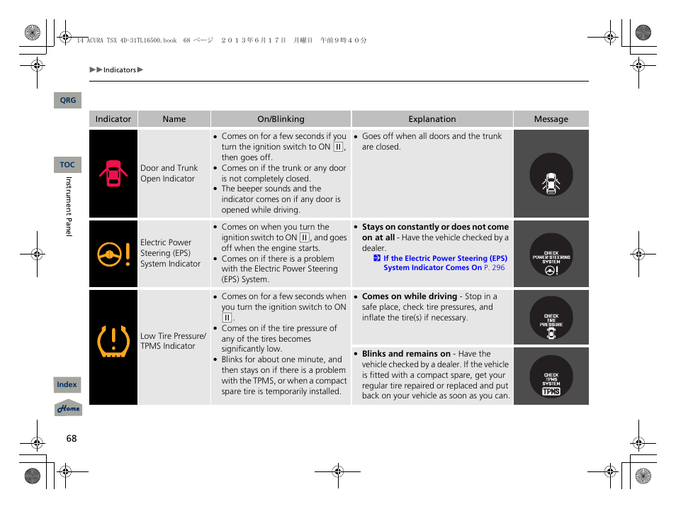 2 door and trunk open indicator p. 68 | Acura 2014 TSX - Owner's Manual User Manual | Page 69 / 329