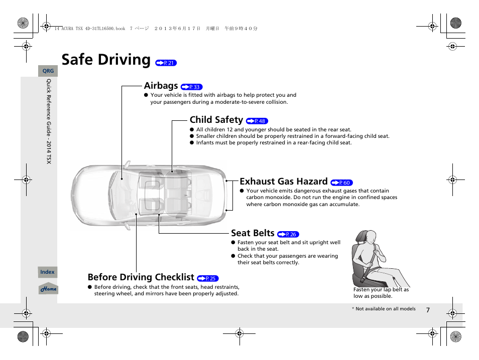 Safe driving (p21), Safe driving, Airbags | Child safety, Exhaust gas hazard, Before driving checklist, Seat belts | Acura 2014 TSX - Owner's Manual User Manual | Page 8 / 329
