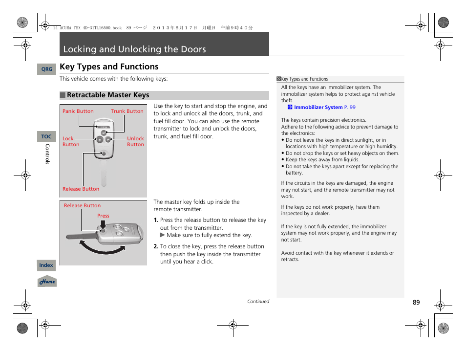 Locking and unlocking the doors, Key types and functions, P. 89 | Acura 2014 TSX - Owner's Manual User Manual | Page 90 / 329