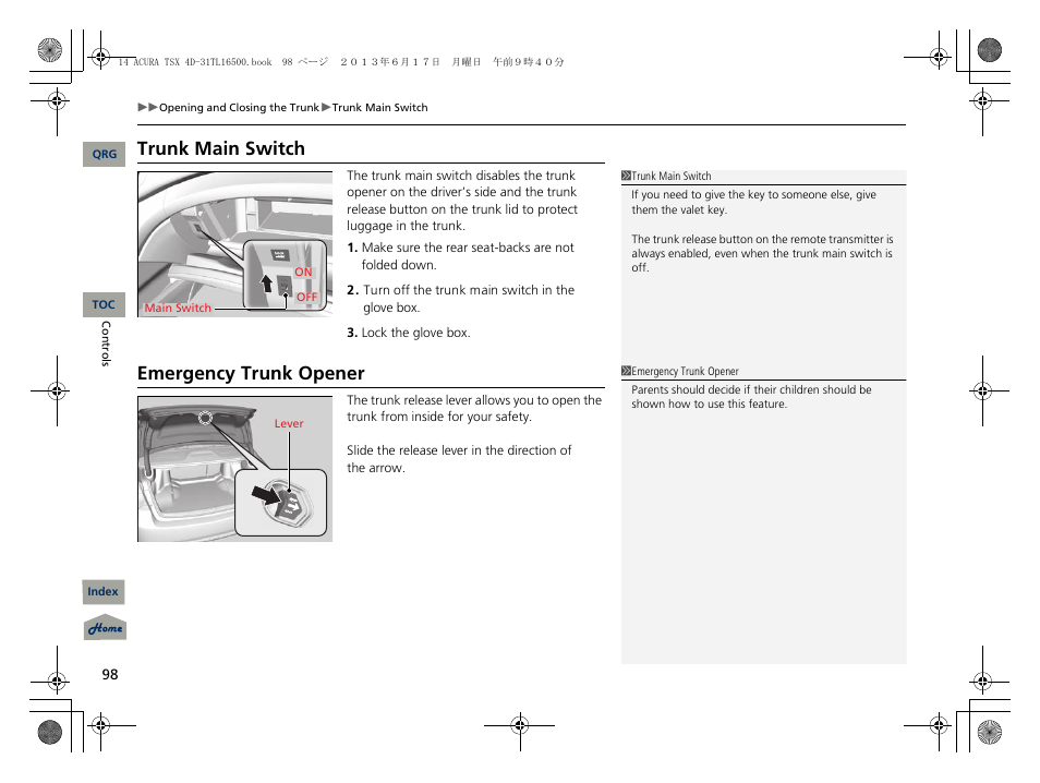 Trunk main switch, Emergency trunk opener, P98) | Acura 2014 TSX - Owner's Manual User Manual | Page 99 / 329